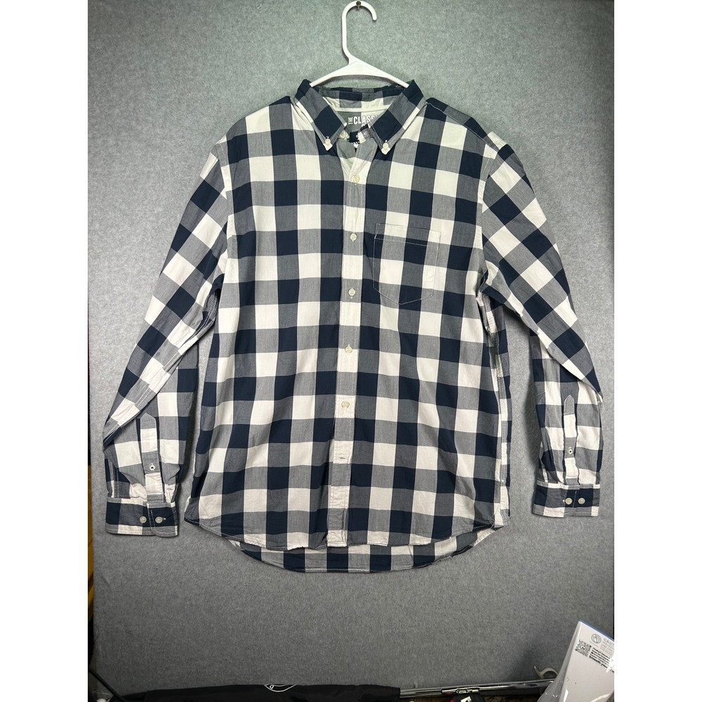Stain*Old Navy Mens Navy White Buffalo Plaid Button Down Classic Shirt Large